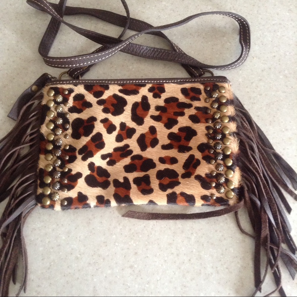 💕AMERICAN WEST LEOPARD CALF HAIR FRINGE CROSSBODY